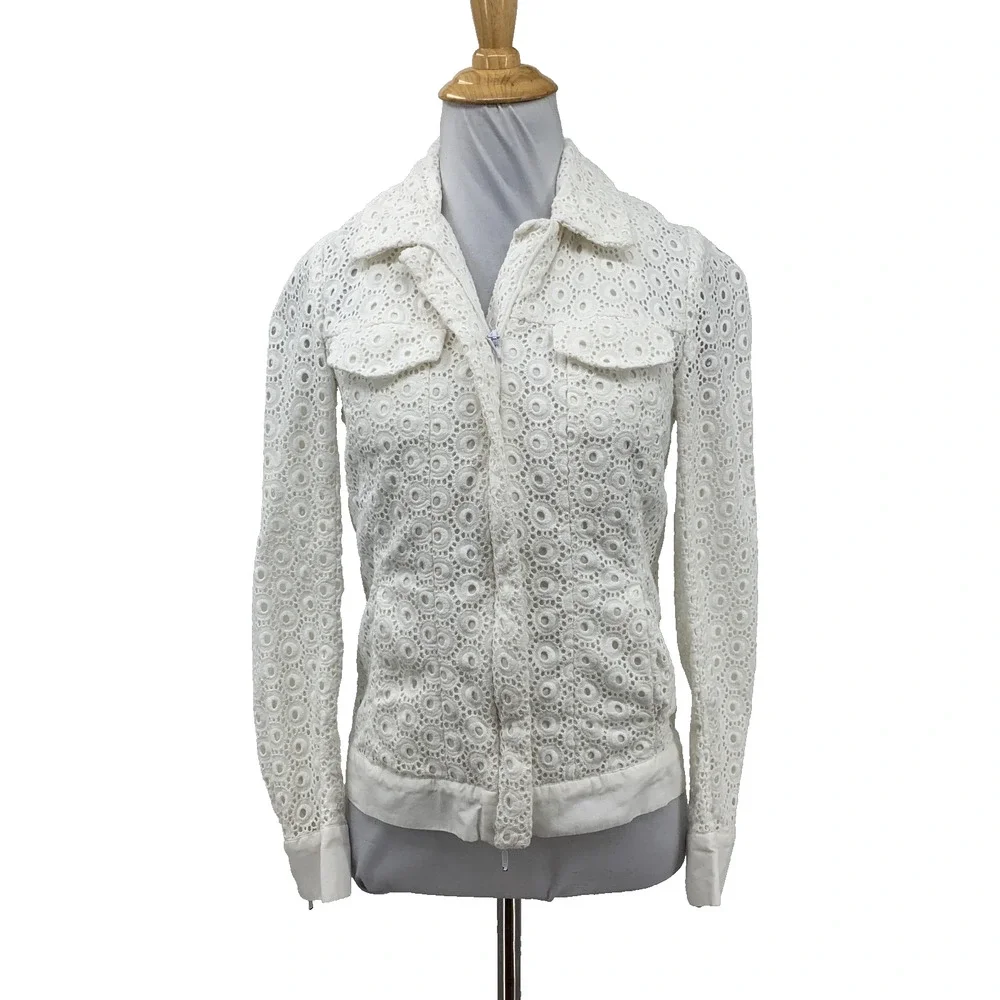 Anne Fontaine Jacket Womens 36 White Ugoline Casual Eyelet Overlay Full Zip Crop